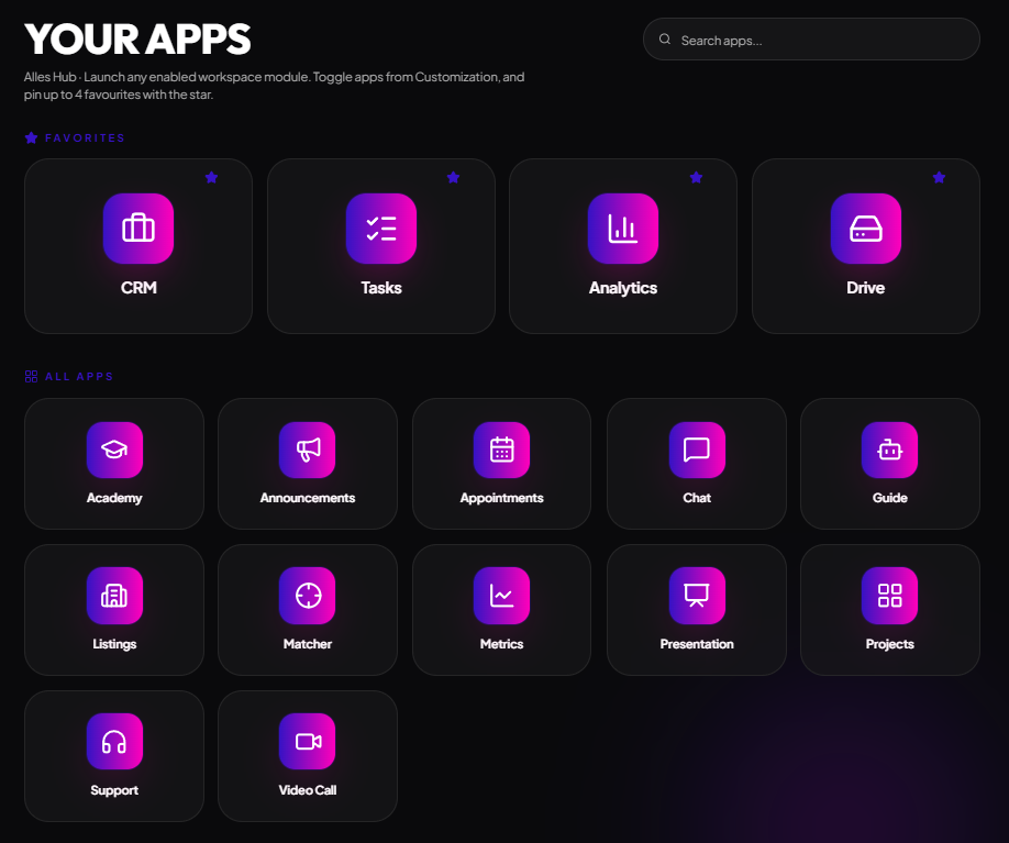 Alles Hub app launcher showing all enabled workspace modules